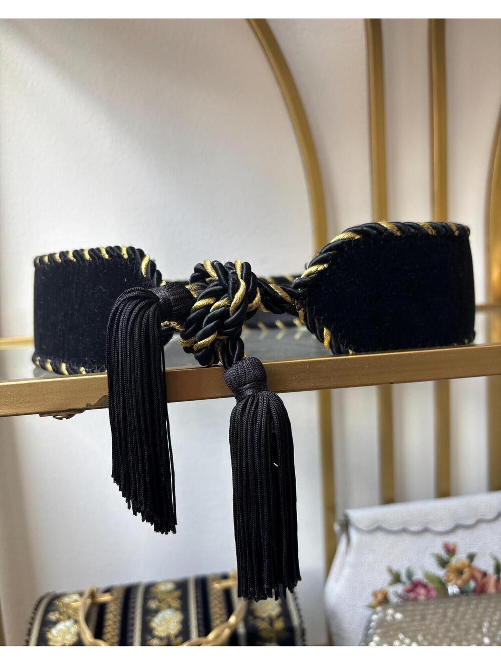 Vintage 1980s Mary McFadden Black Velvet Tassel Belt